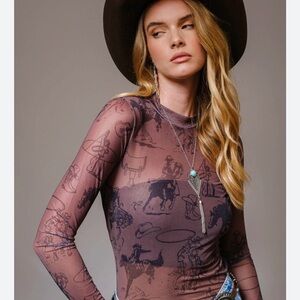 Sheer Western-Print Long Sleeve Top in Chocolate Brown